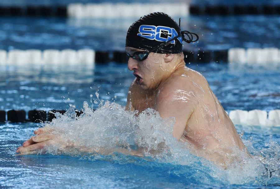 St. Charles North's Aleksej Filipovic swims breaststroke in the 200-yard individual medley.