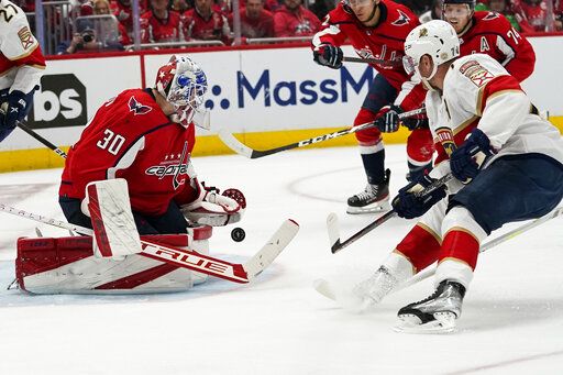 Washington Capitals goaltender Ilya Samsonov (30) blocks a shot by Florida Panthers right wing Patric Hornqvist (70) during the second period of Game 6 in the first round of the NHL Stanley Cup hockey playoffs, Friday, May 13, 2022, in Washington.