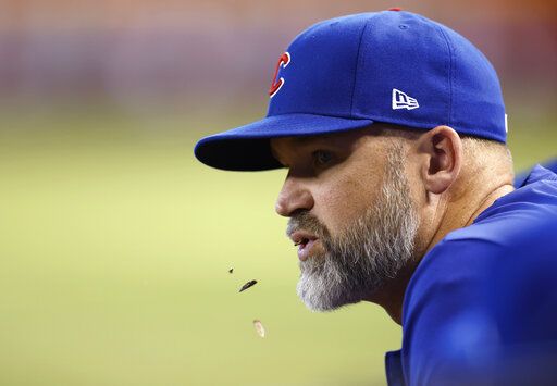 Chicago Cubs manager David Ross watches during the sixth inning of the team's baseball game against the Arizona Diamondbacks on Saturday, May 14, 2022, in Phoenix.