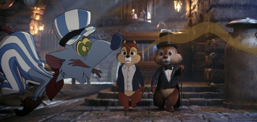 Chip (voiced by John Mulaney), center, and Dale (voiced by Andy Samberg) run into some odoriferous issues in "Chip 'n Dale: Rescue Rangers."