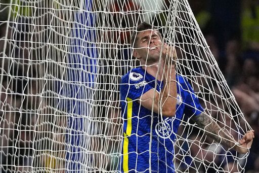 Chelsea's Christian Pulisic reacts after a missed scoring opportunity during the English Premier League soccer match between Chelsea and Leicester City at Stamford Bridge stadium in London, Thursday, May 19, 2022.