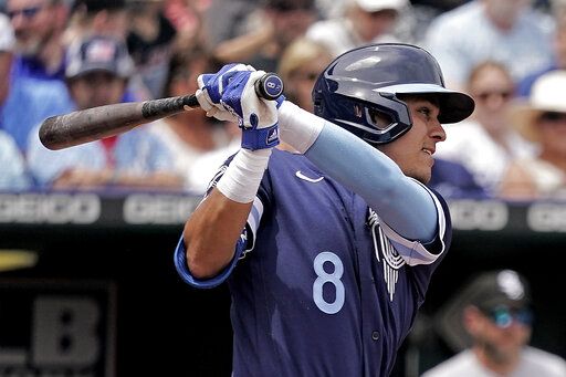 Kansas City Royals' Nicky Lopez hits an RBI double during the second inning of a baseball game against the Chicago White Sox Thursday, May 19, 2022, in Kansas City, Mo.
