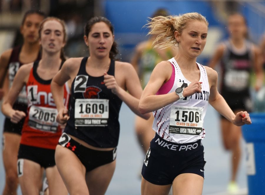 St.. Viator's Mary Grace Hegberg competes in the 1,600-meter run during the Class 2A girls state track finals at Eastern Illinois University in Charleston Saturday.