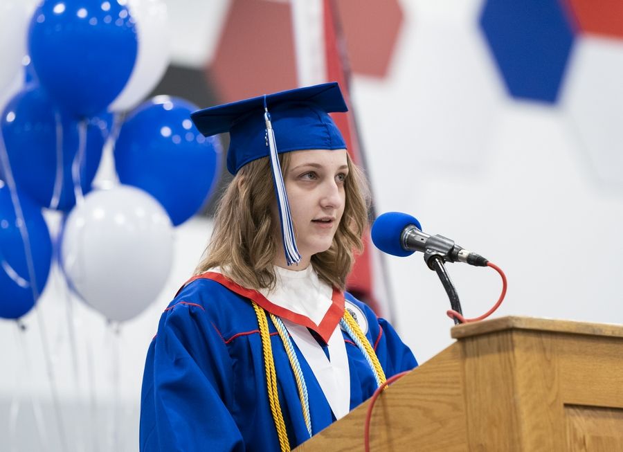 Student speaker Jasmine Gray delivers a speech entitled "An Honest Perspective" to her classmates during graduation ceremonies for the class of 2022 of Lakes Community High School.