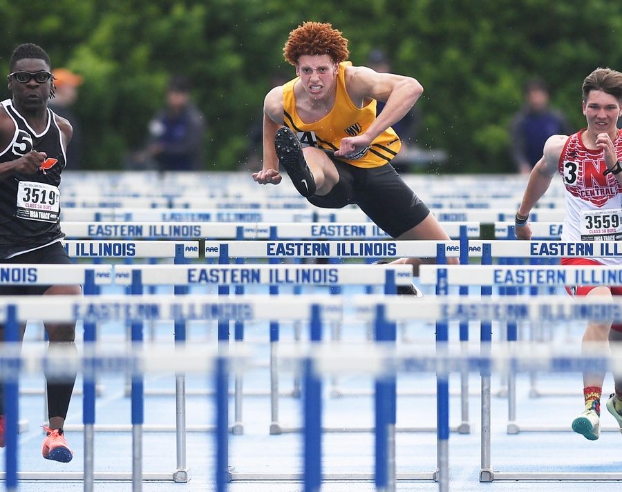 Metea Valley's Jalen Johnson competes in the 110-meter hurdles at the IHSA Class 3A state boys track and field championships at Eastern Illinois University.