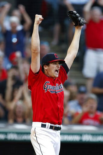 Cleveland Guardians starting pitcher Cal Quantrill celebrates a defensive play that saved a run, against the Boston Red Sox during the fifth inning of a baseball game Friday, June 24, 2022, in Cleveland.