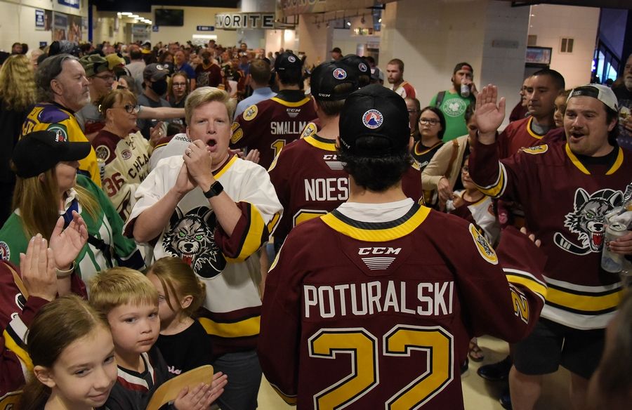 Fans cheer and offer high-fives as Chicago Wolves players move through the concourse to sign autographs during a Calder Cup championship rally at the Allstate Arena in Rosemont Tuesday.