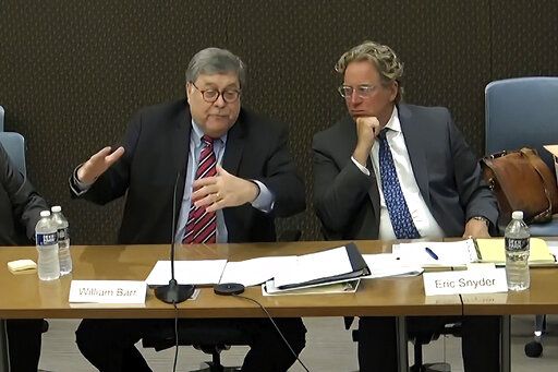 This exhibit from video released by the House Select Committee, shows an interview with former Attorney General William Barr, displayed at a hearing by the House select committee investigating the Jan. 6 attack on the U.S. Capitol, Tuesday, June 28, 2022, on Capitol Hill in Washington. (House Select Committee via AP)