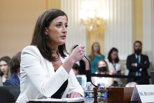 Cassidy Hutchinson, former aide to Trump White House chief of staff Mark Meadows, testifies as the House select committee investigating the Jan. 6 attack on the U.S. Capitol holds a hearing at the Capitol in Washington, Tuesday, June 28, 2022.