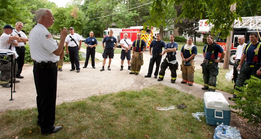 Former Wheaton Fire Chief Greg Berk leads a cooperative fire training exercise for area firefighters in 2012.