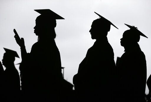 FILE - In this May 17, 2018, file photo, new graduates line up before the start of the Bergen Community College commencement at MetLife Stadium in East Rutherford, N.J.  A deadline is fast approaching for teachers, librarians, nurses and others who work in public service to apply to have their student loan debt forgiven. New figures from the U.S. Department of Education show 145,000 borrowers have had the remainder of their debt canceled through the Public Service Loan Forgiveness program.