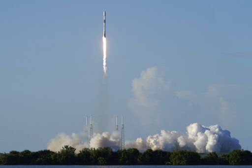 A SpaceX Falcon 9 rocket, with the Korea Pathfinder Lunar Orbiter, or KPLO, lifts off from launch complex 40 at the Cape Canaveral Space Force Station in Cape Canaveral, Fla., Thursday, Aug. 4, 2022. South Korea joined the stampede to the moon Thursday with the launch of a lunar orbiter that will scout out future landing spots.
