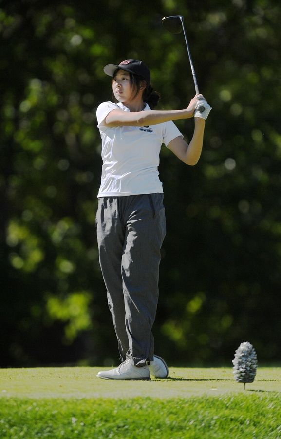 Stevenson's Allyson Duan tees off on number 9 in the Class 2A Huntley Sectional girls golf tournament at Pinecrest Golf Course on Monday, October 3, 2022.